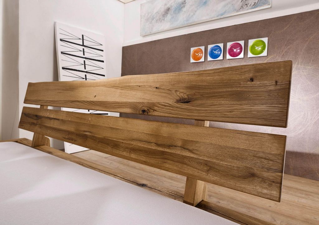 MASSIVMOEBEL24 Balkenbett Wildeiche 140x200 tabacco geölt JANGALI #410