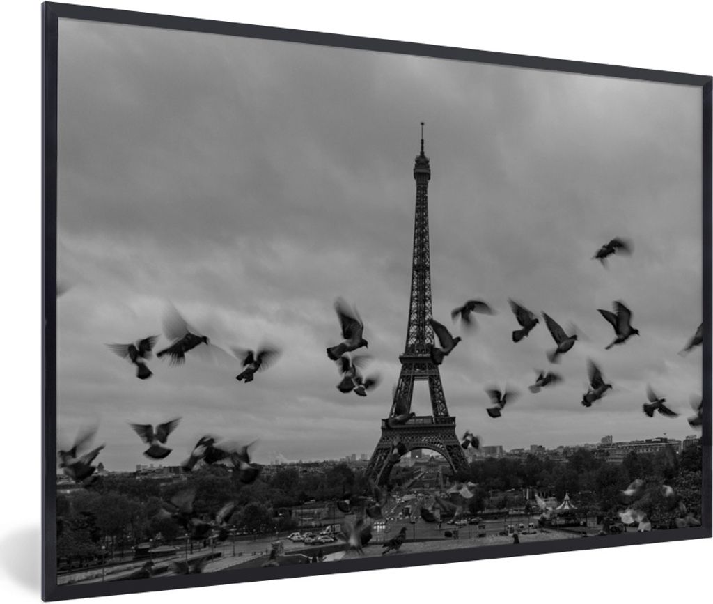 MuchoWow Gerahmtes Poster Vögel vor dem Eiffelturm 60x40 cm - Poster mit Schwarzem Bilderrahmen Wandposter Rahmen Foto Bilder - Printing - Wandd...