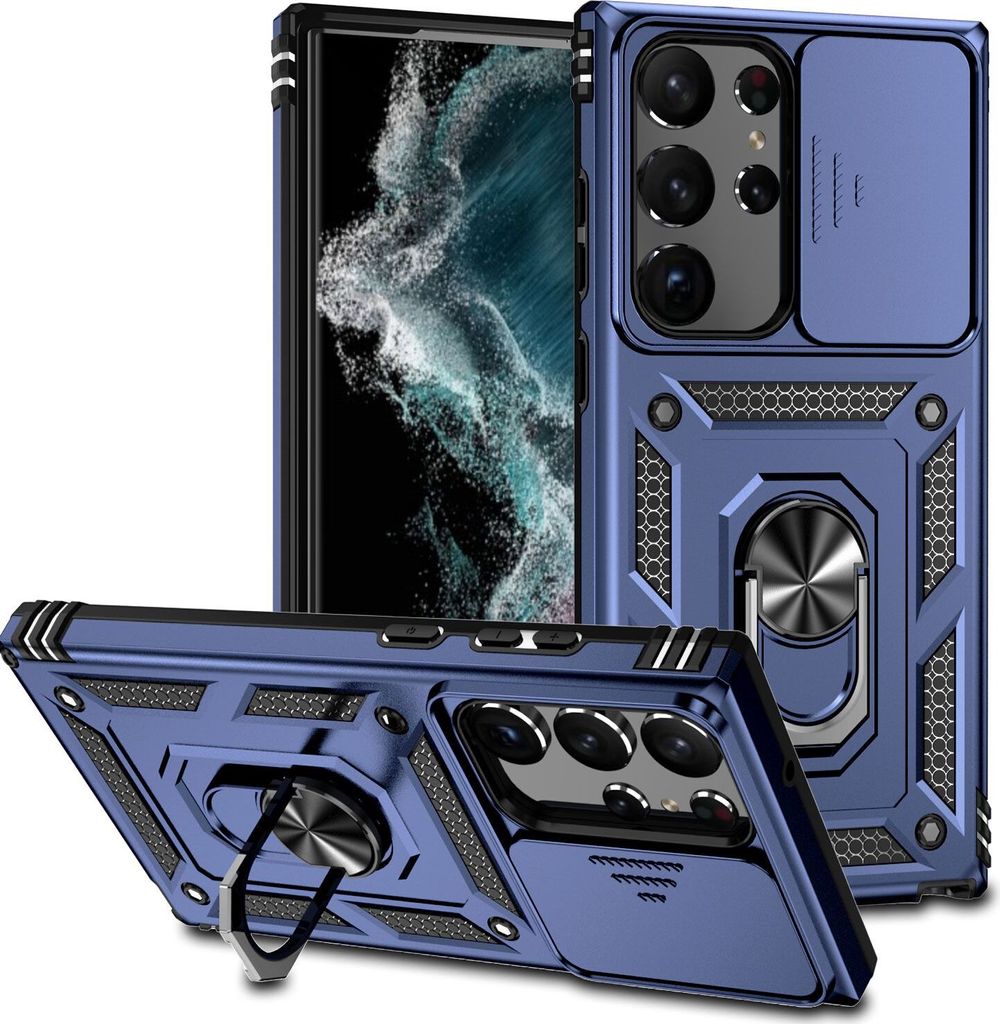 A blue phone case with a sliding camera cover and a ring holder is displayed from multiple angles.