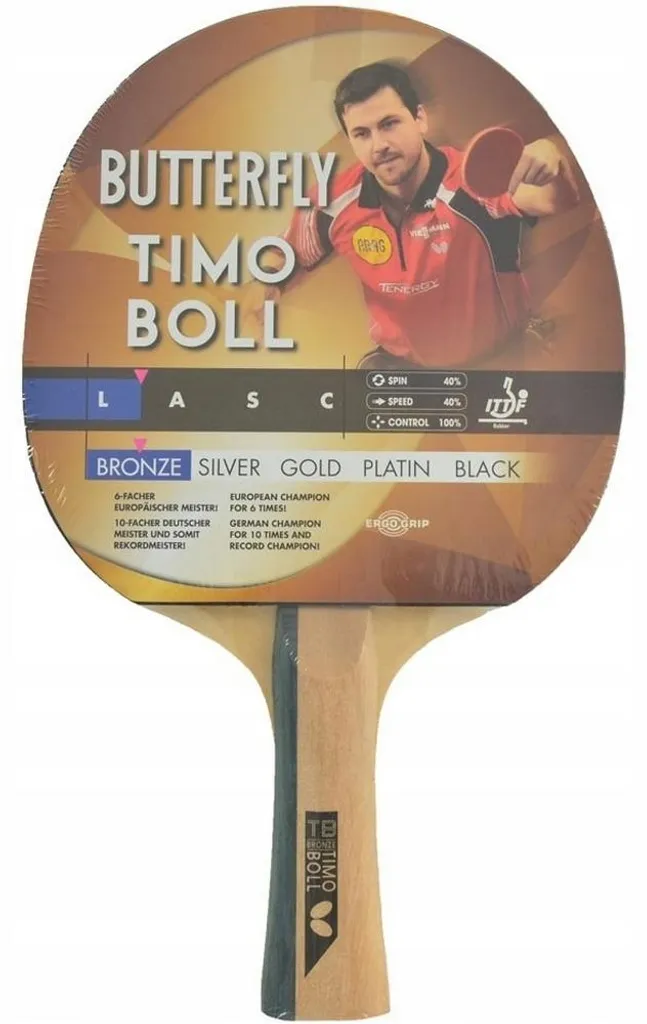 Raquette Butterfly Timo Boll Bronce avec revêtement Addoy ITTF marron