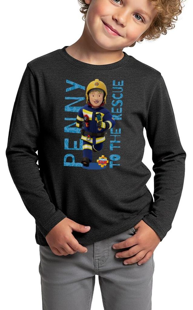 Spreadshirt Feuerwehrmann Sam Penny To The Rescue Kinder Premium Langarmshirt, 134/140 (8 Jahre), Anthrazit meliert