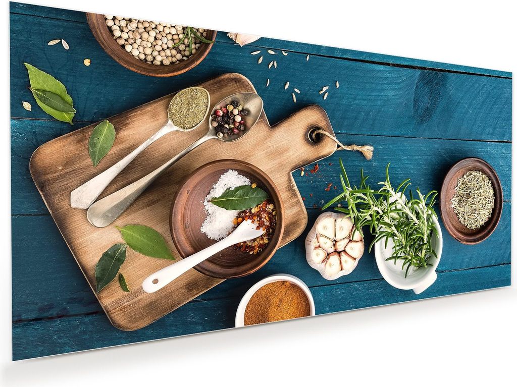 Glasbild Wandbild Gewürze auf Holztisch 80x40cm in XXL für Wohnzimmer, Schlafzimmer, Badezimmer, Flur