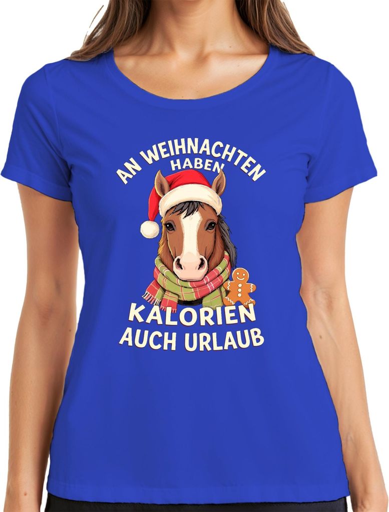 Weihnachten Kalorien auch Urlaub Pferd lustig Geschenk Reiter Damen T-Shirt, Blau, 3XL