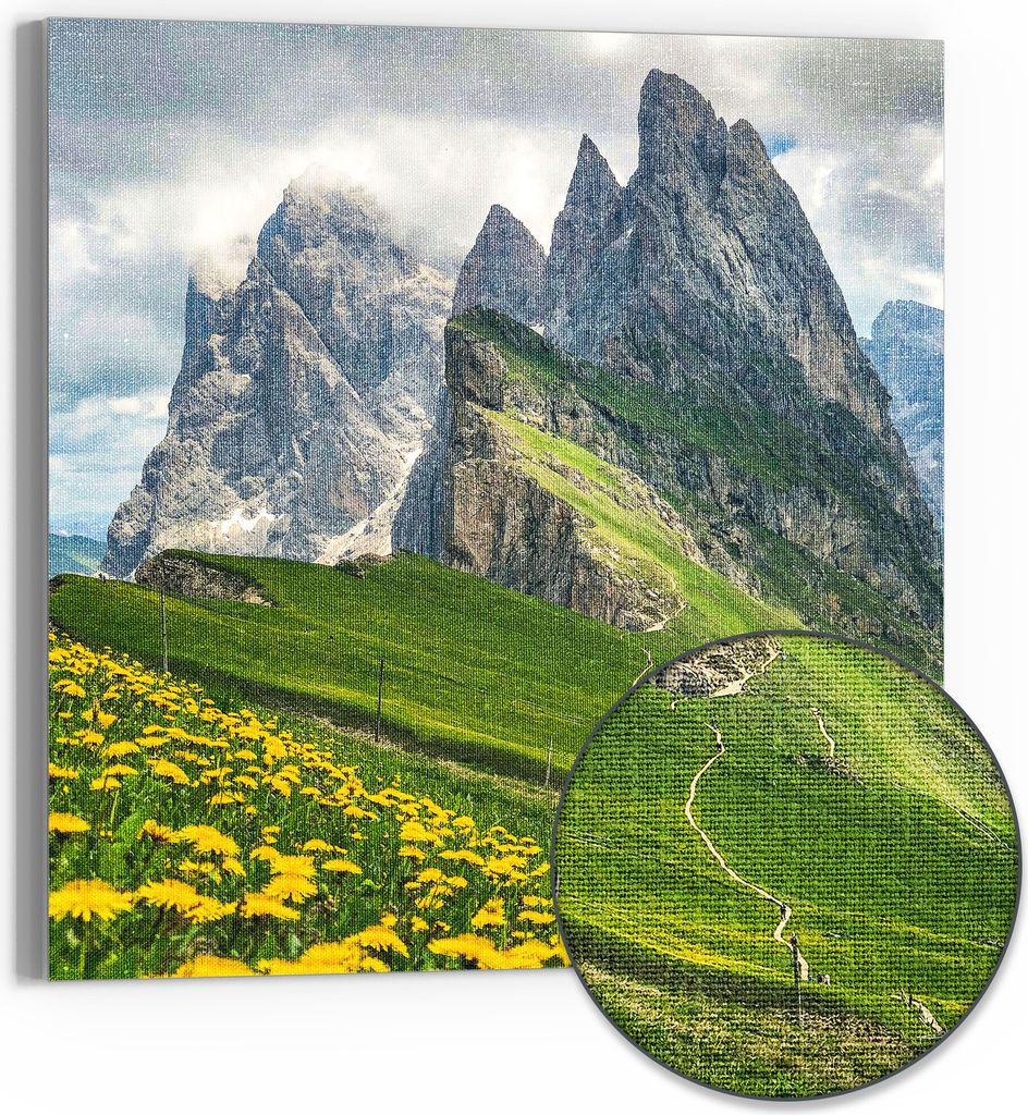 DEQORI Hybrid Leinwand Bild 30x30 cm 'Dolomitenzauber' Wandbild Glas flach modern