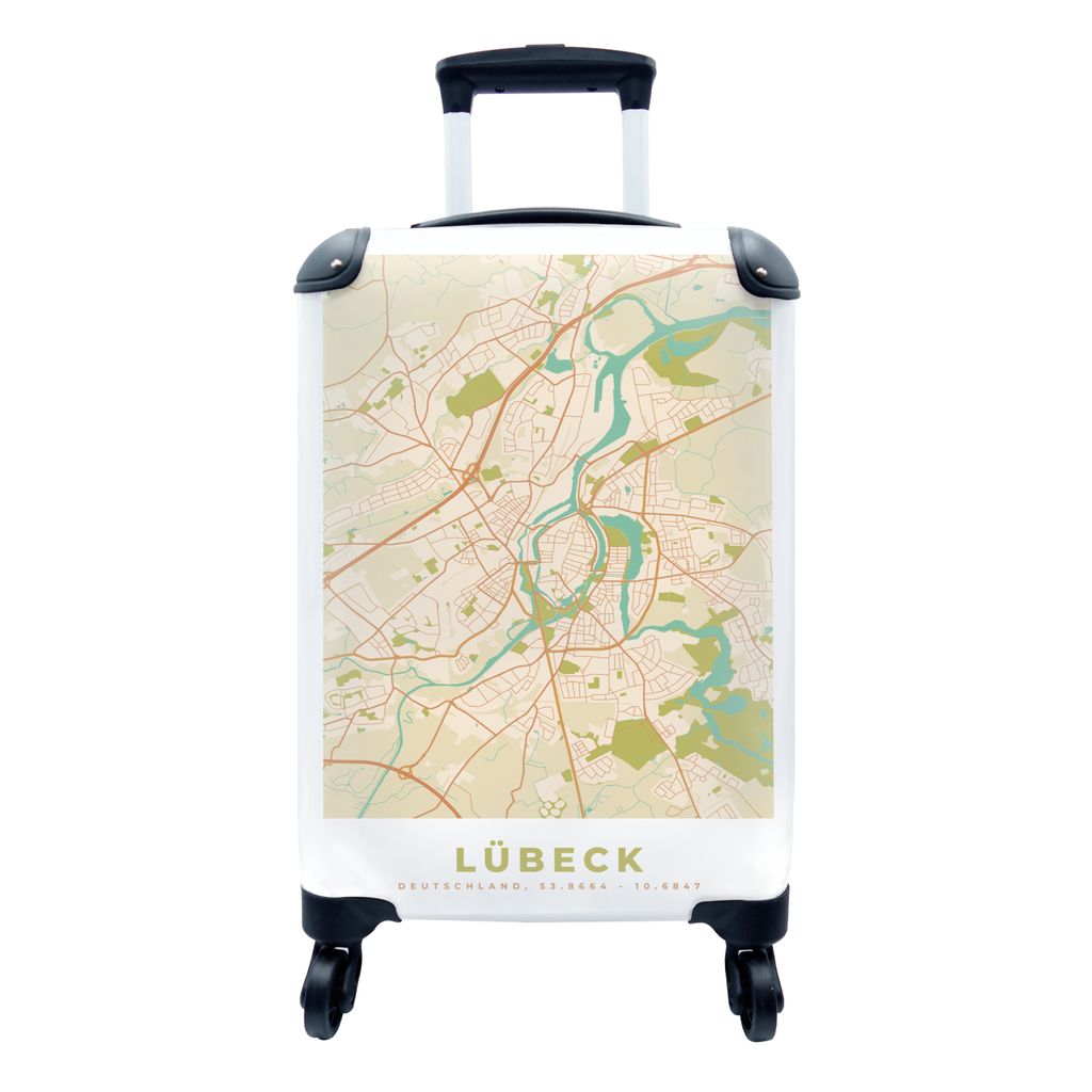 MuchoWow Koffer Handgepäck Trolley Rollkoffer Kleine Reisekoffer mit 4 Rollen - Lübeck - Karte - Vintage - Stadtplan - Cabin Size < 55x40x23 cm...