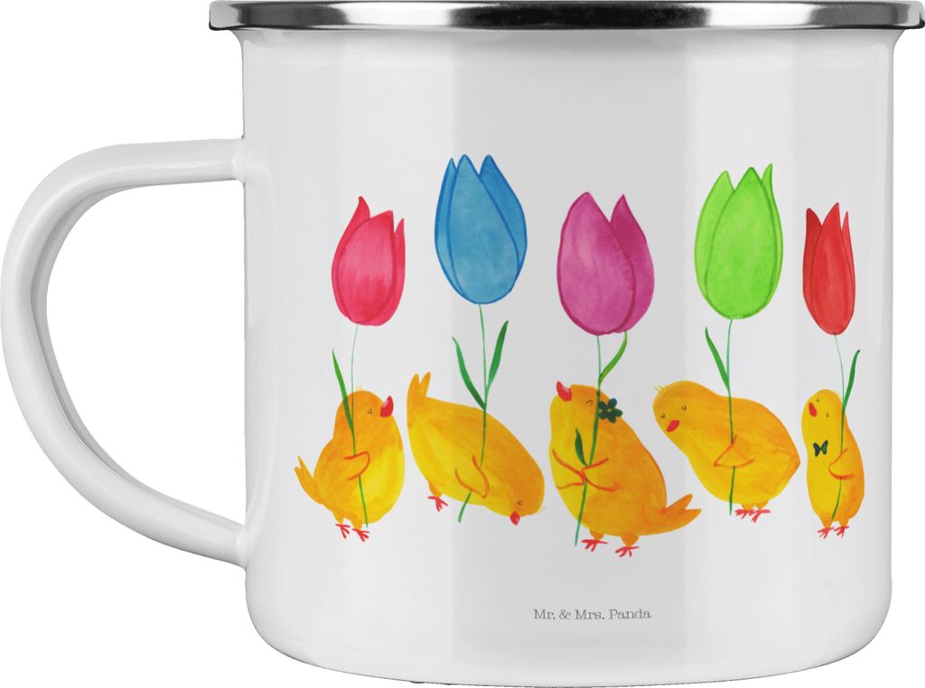Mr. & Mrs. Panda Emaille Tasse Küken Parade - Weiß - Geschenk, Ostern, Blumen, Becher, Pott, Teetasse, Blechtasse, Tulpen, Ostergrüße, Frohe