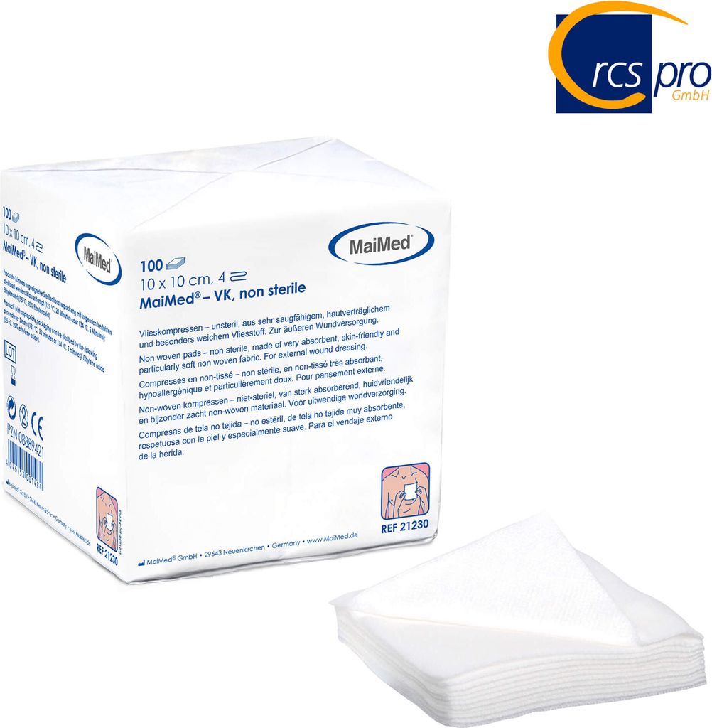 A package of medical gauze pads and a stack of gauze pads are shown against a white background.
