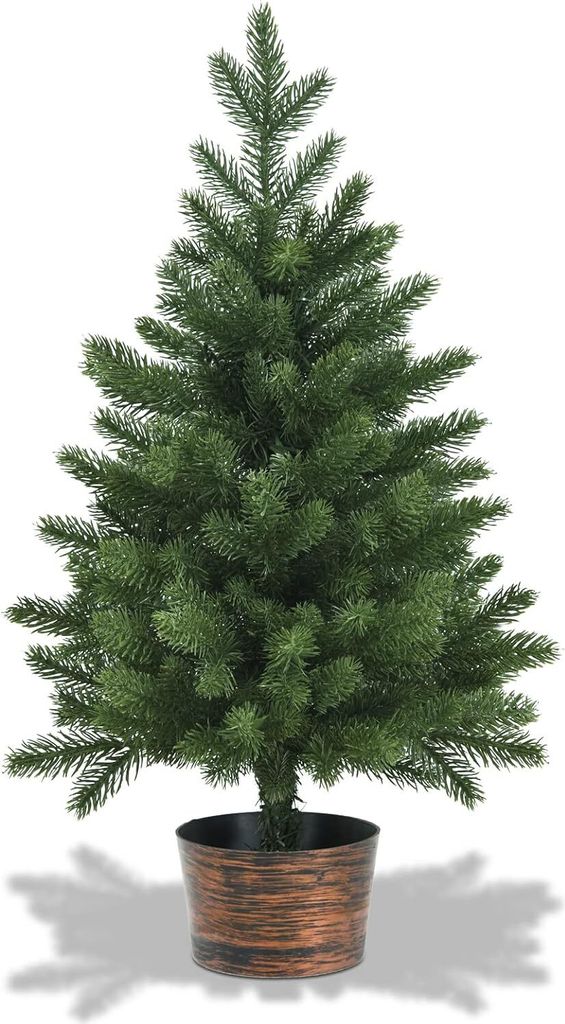 A small, artificial Christmas tree in a decorative pot, presented against a white background.