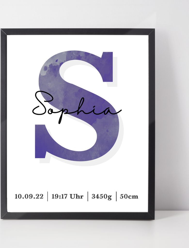 Geburtsposter personalisiert | Geschenk zur Geburt Babyposter | Kinderzimmer Babygeschenk – Digital (Versand per Mail) / Lila / ohne Bilderahmen