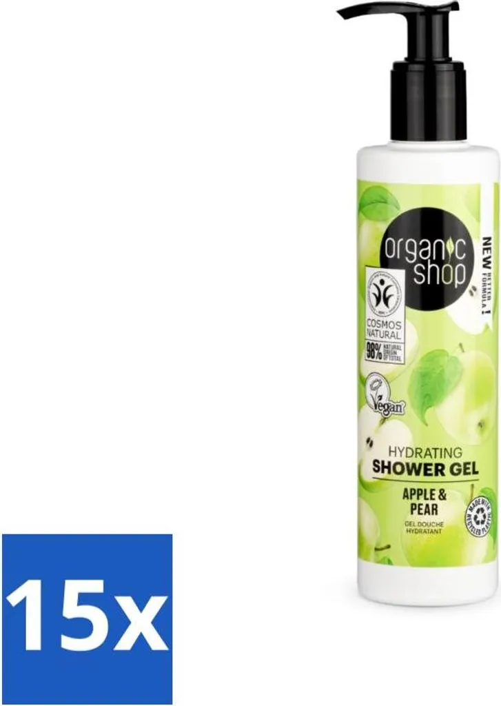 Organic Shop - Gel doccia alla mela e alla pera - Rinfrescante e idratante - 280 ml - Confezione risparmio - 15 pezzi
