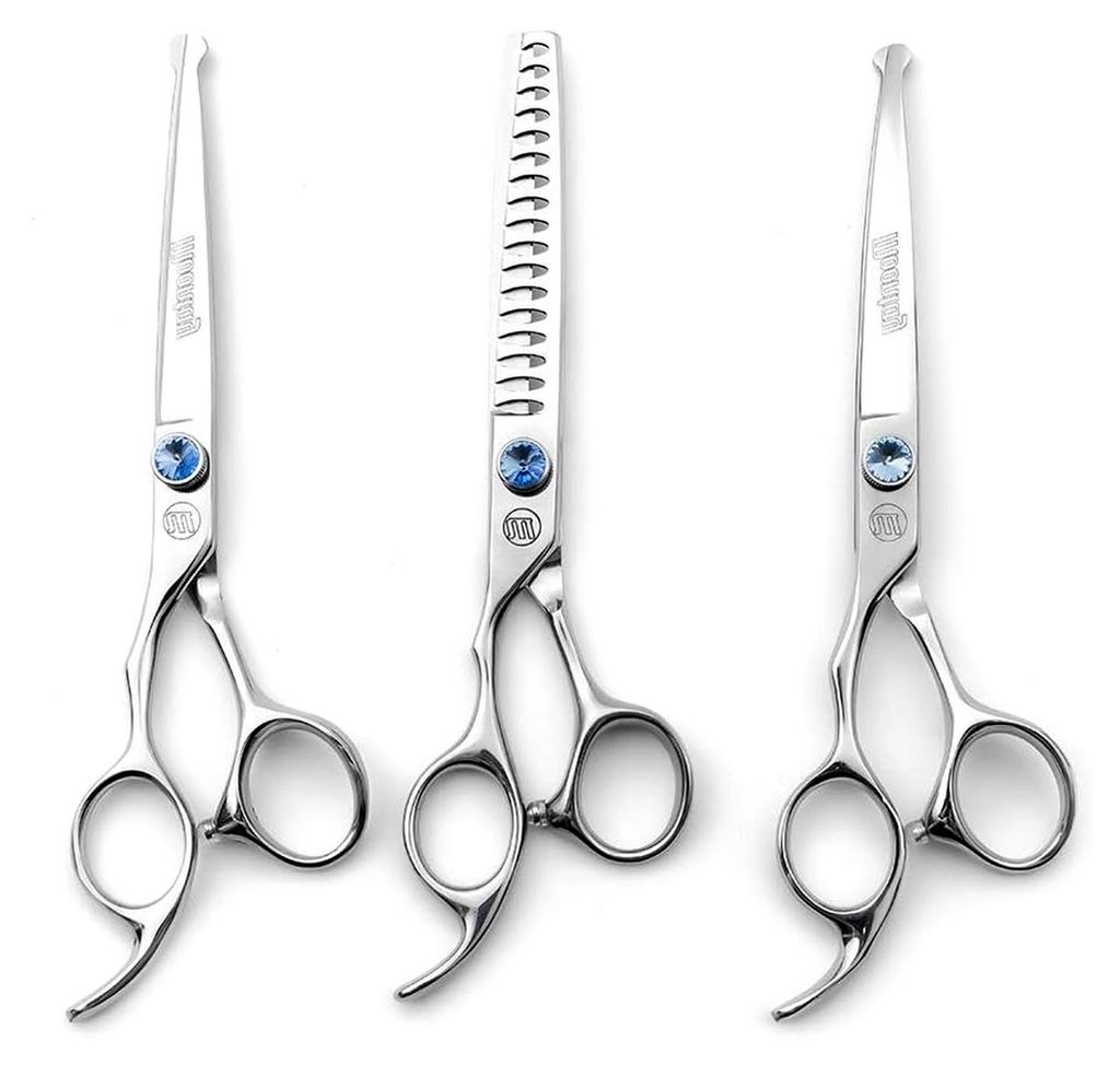Hundescheren-Set für professionelle Fellpflege mit gebogener, gerader und Ausdünnungsschere, 7 Zoll, aus japanischem 440C Edelstahl, Silber
