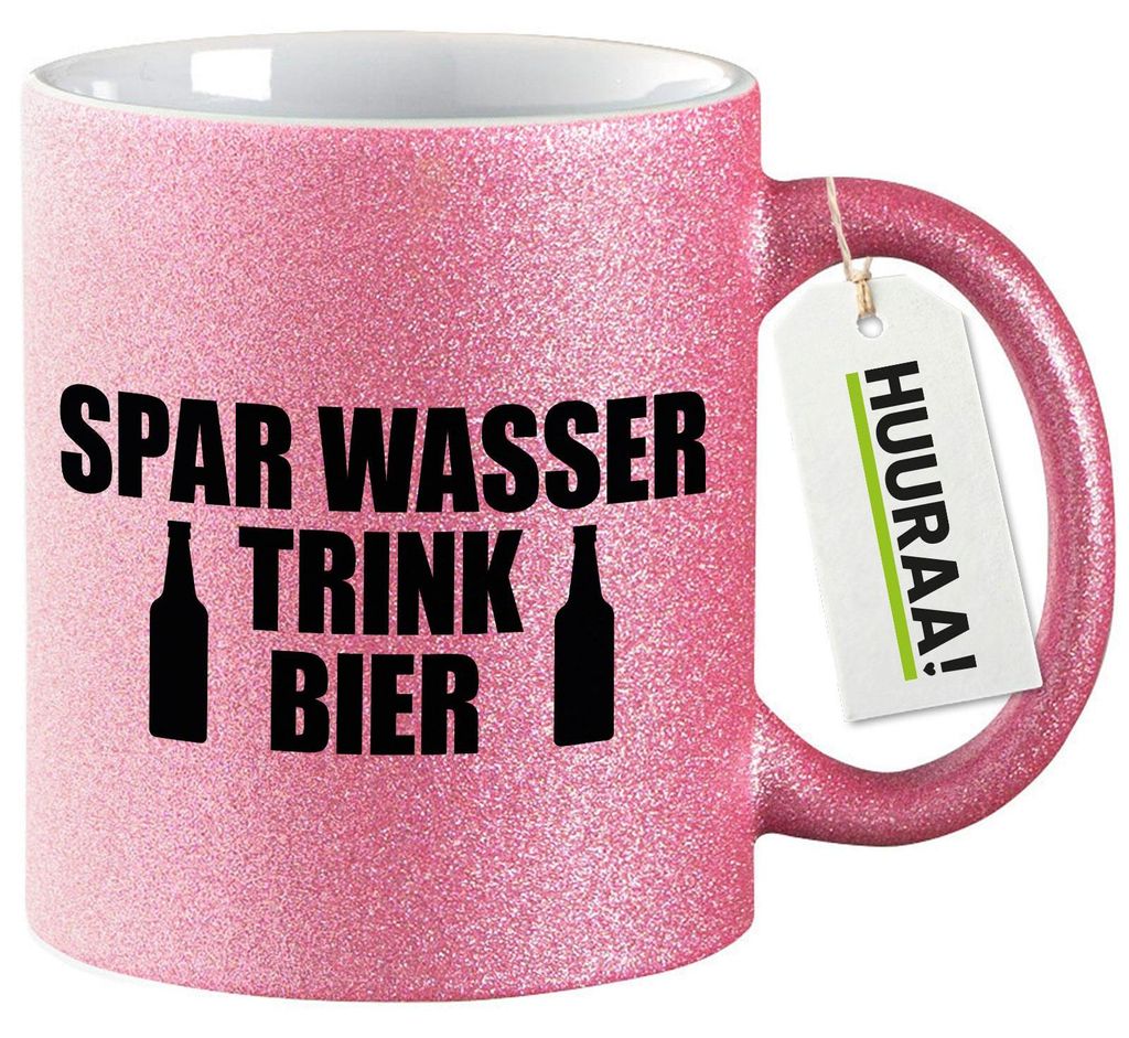 Huuraa Glitzertasse Spar Wasser Trink Bier Bierflasche 330ml Pink Keramik Kaffeebecher Geschenkidee