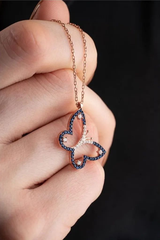 Collier papillon argent et pierres zircone bleues - Maille ajustable