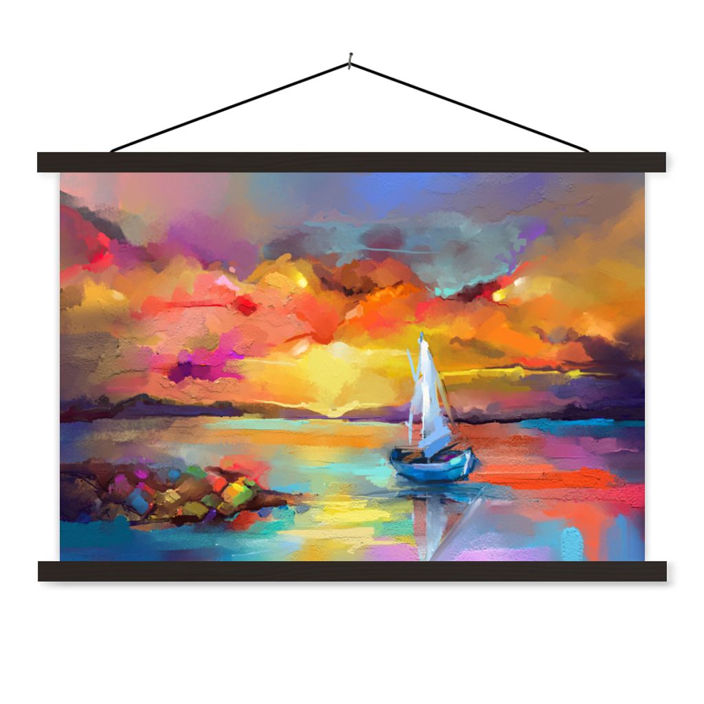 MuchoWow Textilposter Malerei - Ölfarbe - Boot - Farben 90x60 cm mit schwarzem Rahmen - Aufhängungssatz