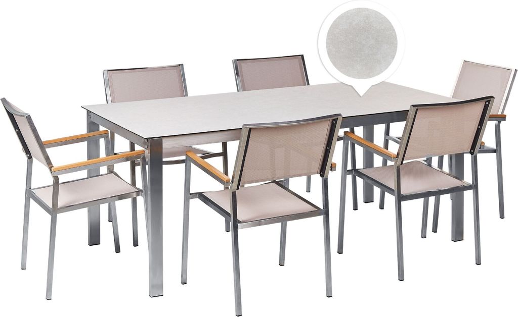 BELIANI Gartenmöbel Set 7-Teilig Weiß und Beige Edelstahl 6 Stühle Polyester Tisch 180x90 cm Sicherheitsglas Keramik Gartenausstattung Outdoor I...