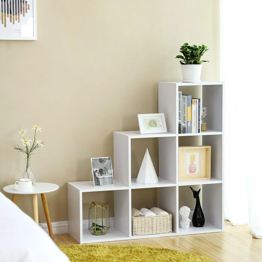 Tabouret d'escalier blanc avec 6 compartiments ouverts - Meuble de 90cm