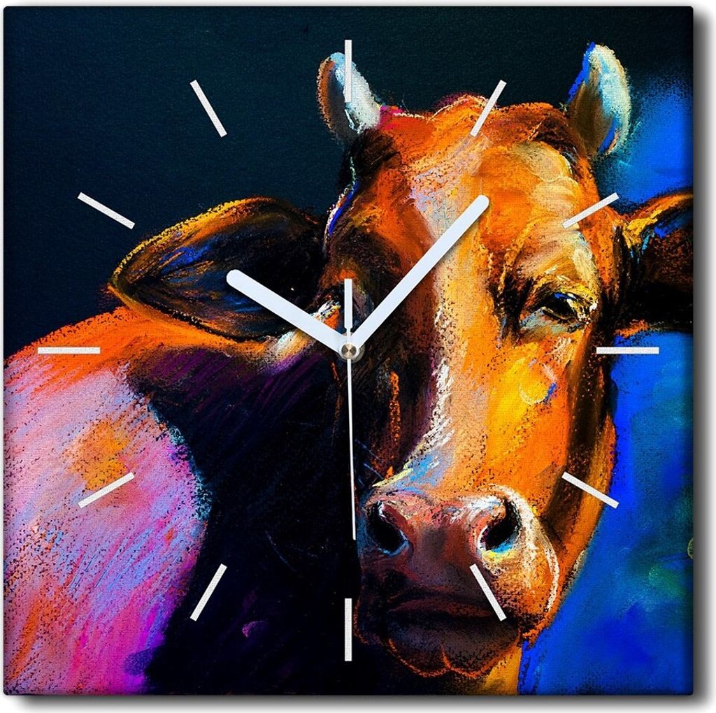 Coloray Uhr auf Leinwand 30x30 cm Wand Uhr Dekoration Wohnzimmer Segeltuch weiße Zeiger -Kunstkuh Tier.