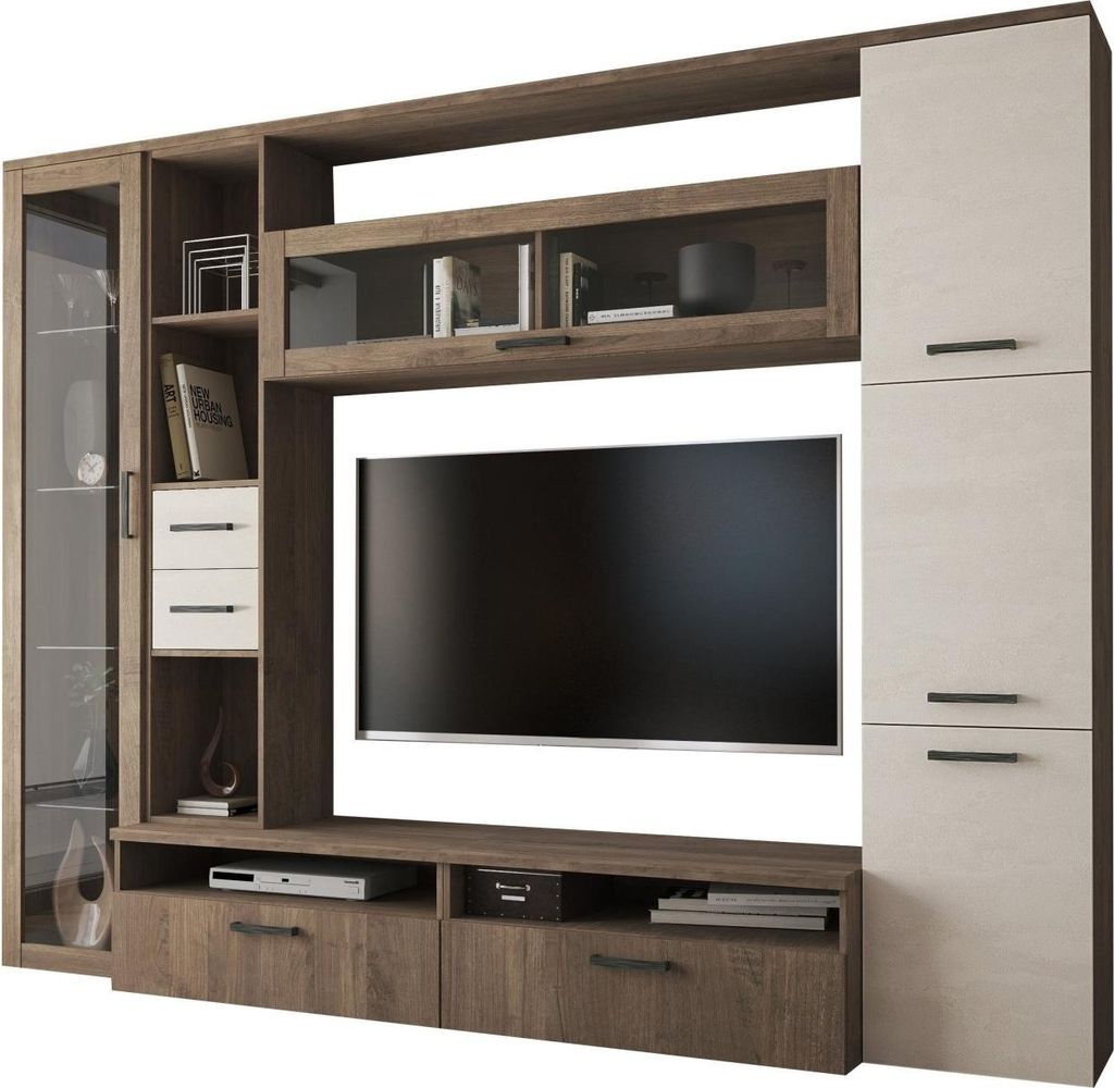 Dmora Wohnwand Sovizzo 270x50x213h cm Nussbaum Braun, 5 Regale 2 Schubladen