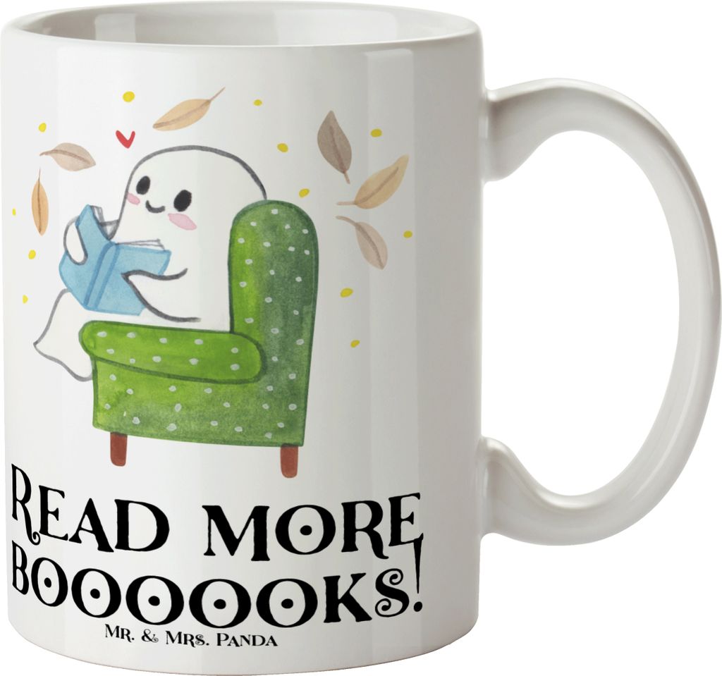 Mr. & Mrs. Panda Tasse Gespenst Buch - Weiß - Geschenk, Herbst, Gemütlich, Geschenke, Keramiktasse, Teetasse, Pott, Kaffeebecher, Kaffeetasse