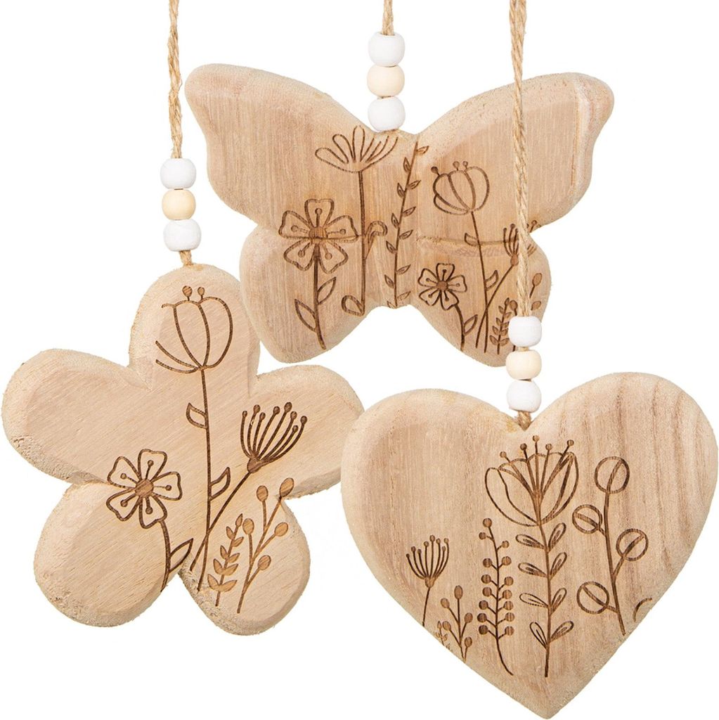 Logbuch-Verlag Frühlingsdeko Anhänger Set Blume Herz Schmetterling aus Holz Florale Holzanhänger Herbstdeko Geschenk Mama 10 x 10 x 2 cm 3-TLG.