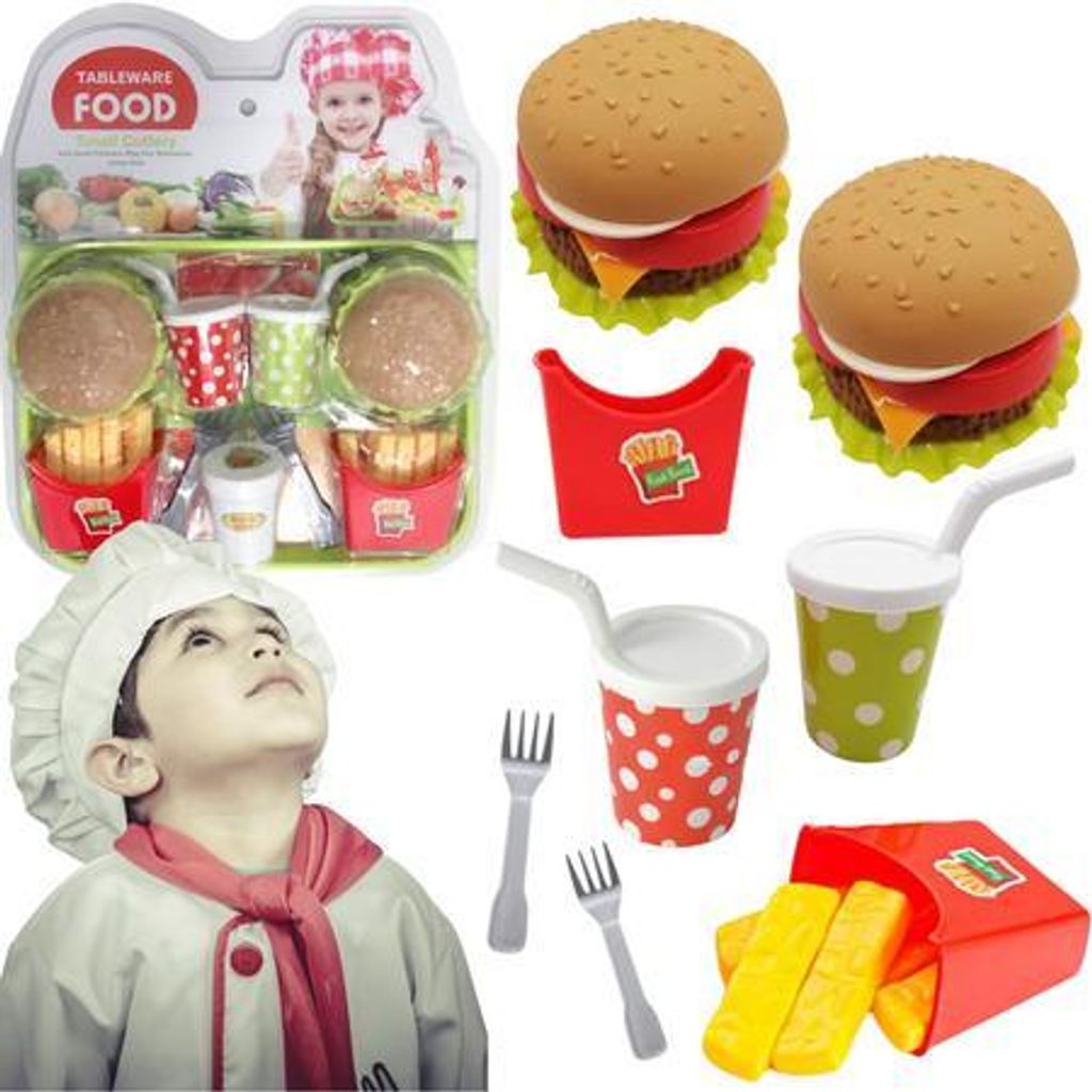 Kinderset mit Essens- und Getränkeimitat: Pommes, Burger, Getränke, Besteck
