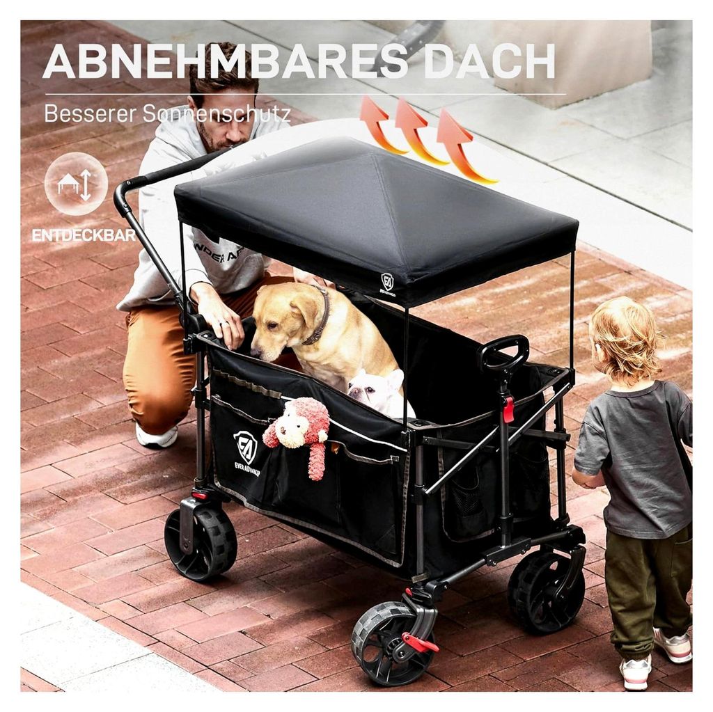 Faltbarer XXL Bollerwagen 225L bis 150kg mit Bremse und Dach, klappbar für Strand, Camping und Einkauf