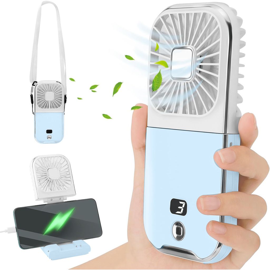 Tischventilatoren, Wiederaufladbarer Mini-Ventilator, Tragbare Ventilatoren, Ultradünn faltbar, Mit Handyhalterung, 3000mAh, blau-weiß