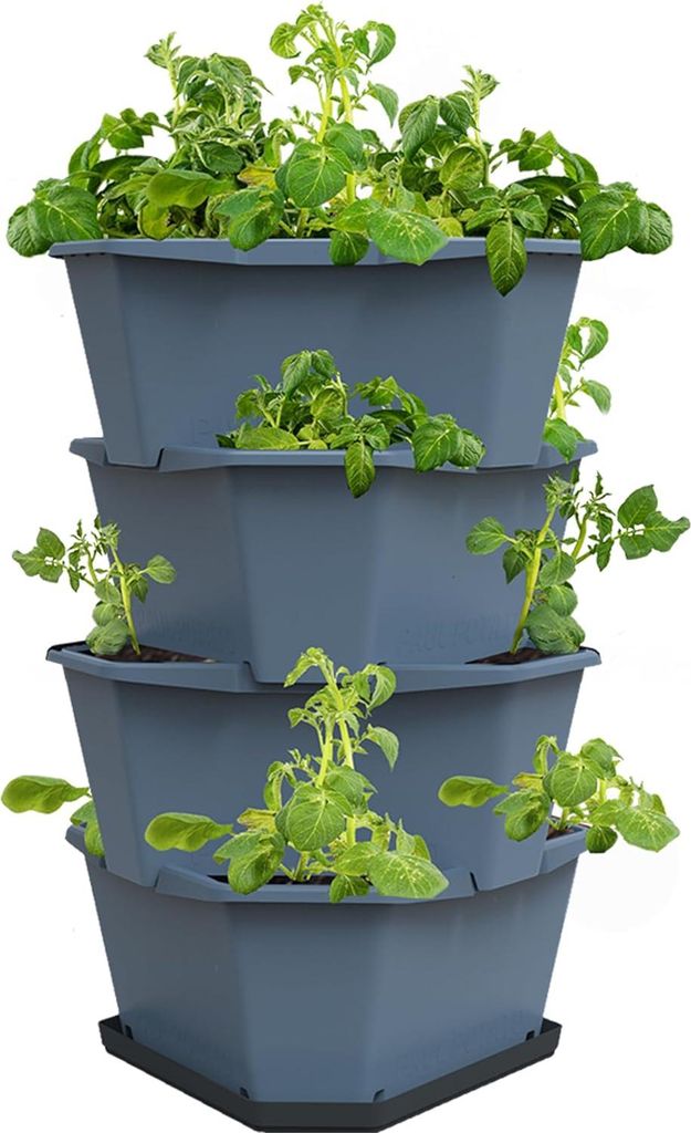 Paul Potato Starter stapelbare erhöhte Aardappeltoren mit 4 Etagen - blau - Balkon, Garten, Terrasse - inklusive Untersetzer