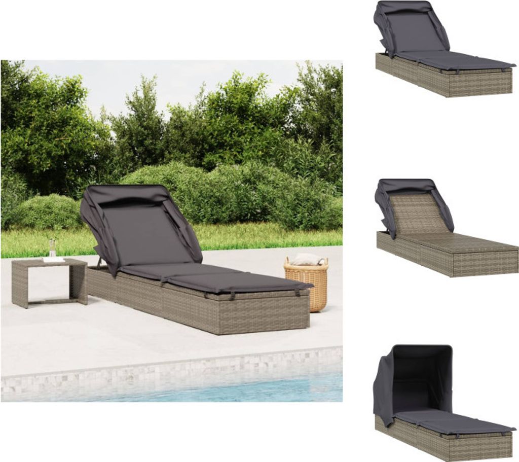 vidaXL Sonnenliege mit Faltdach Grau 213x63x97 cm Poly Rattan - Sonnenliegen