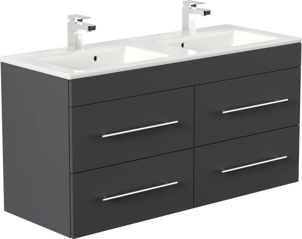 A modern, wall-mounted bathroom vanity with a double sink and four drawers, presented against a white background.