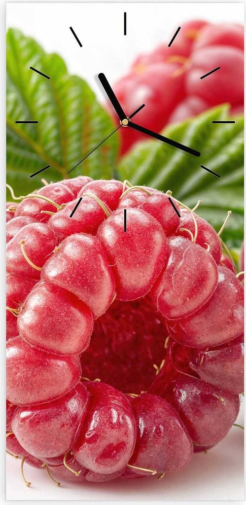 Wanduhr aus Glas mit Motiv Frische Himbeeren- 30 x 60 cm - inkl. Aufhängesystem