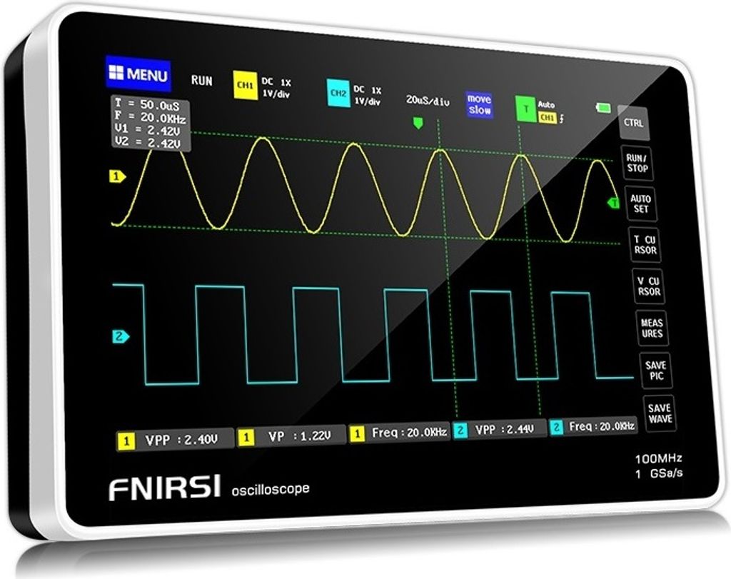 FNIRSI 1013D 7-Zoll Digital 2-Kanal Tablet Oszilloskop, 100M Bandbreite, 1GS/s Abtastrate, Kondensator-Bildschirm, Touch- und Gestenbedienung