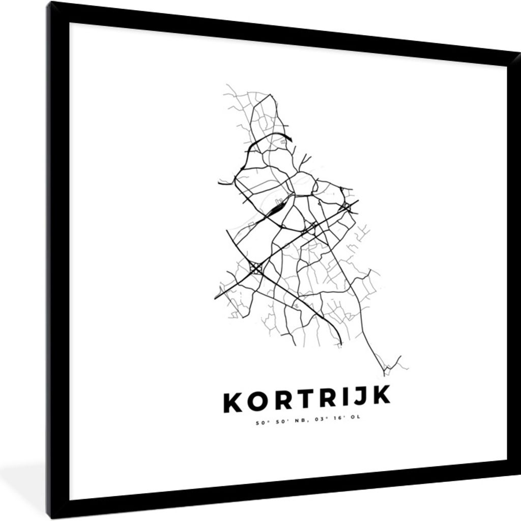 MuchoWow Gerahmtes Poster Karte - Stadtplan - Kortrijk - Belgien - Schwarz und weiß 40x40 cm - Poster mit Schwarzem Bilderrahmen Wandposter Rahm...