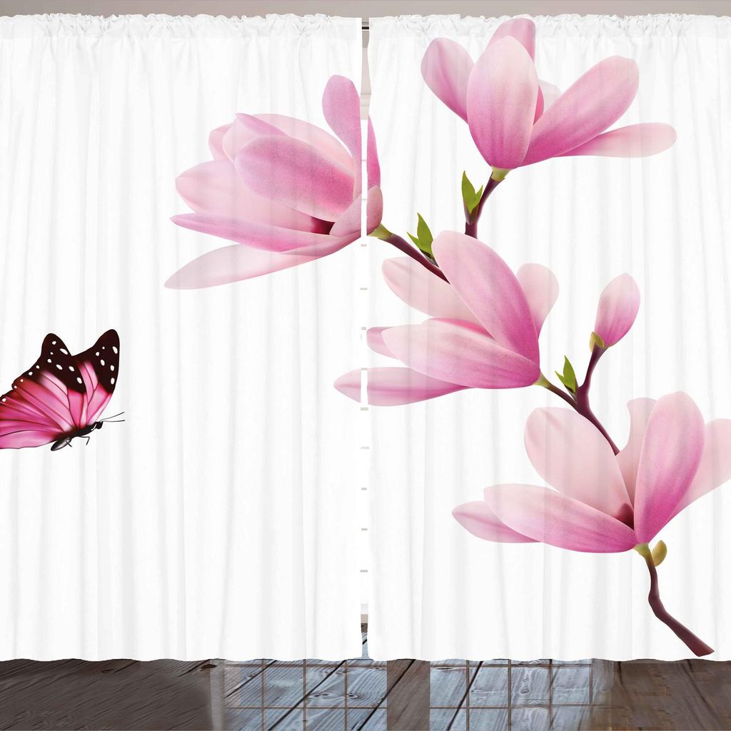 ARANDE Natur Gardine, Blüten-Niederlassung von rosa Blumen und von Schmetterlingen Fresh Spring Season Image, 280 x 260 cm, Rosa Maroon Burgund