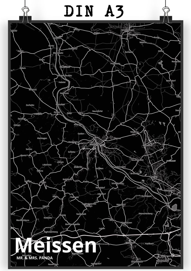 Mr. & Mrs. Panda Bild Meissen DIN A3 - Geschenk, kunstdruck poster, Stadt, Dorf Karte Landkarte Map Stadtplan, typografie, Wanddekoration, Posterdr...