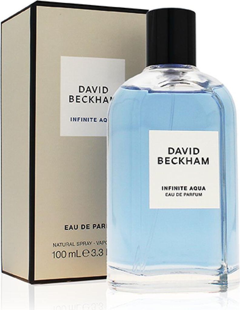 A bottle of David Beckham Infinite Aqua Eau de Parfum and its packaging are displayed against a white background.