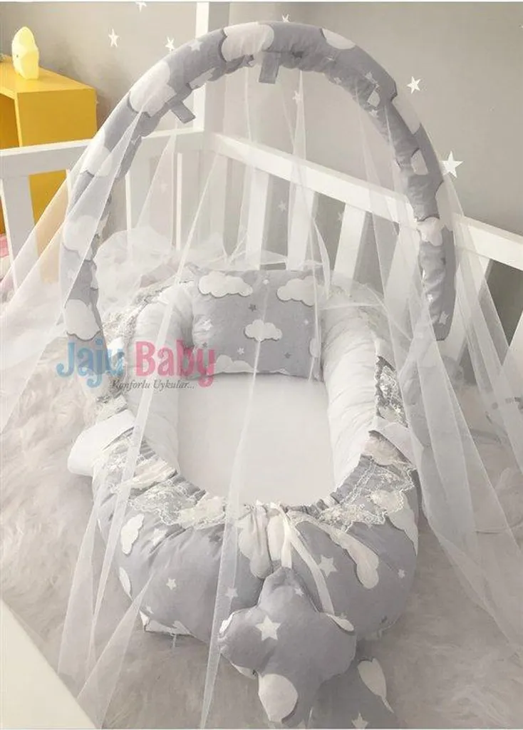 Cocon bébé Jaju 100x60 cm avec voile moustiquaire et coussin gris