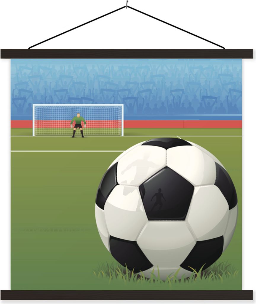 MuchoWow Textilposter Eine Illustration eines Fußballs auf dem Feld im Stadion - Jungen - Mädchen - Kinder 90x90 cm mit schwarzem Rahmen - Magn...