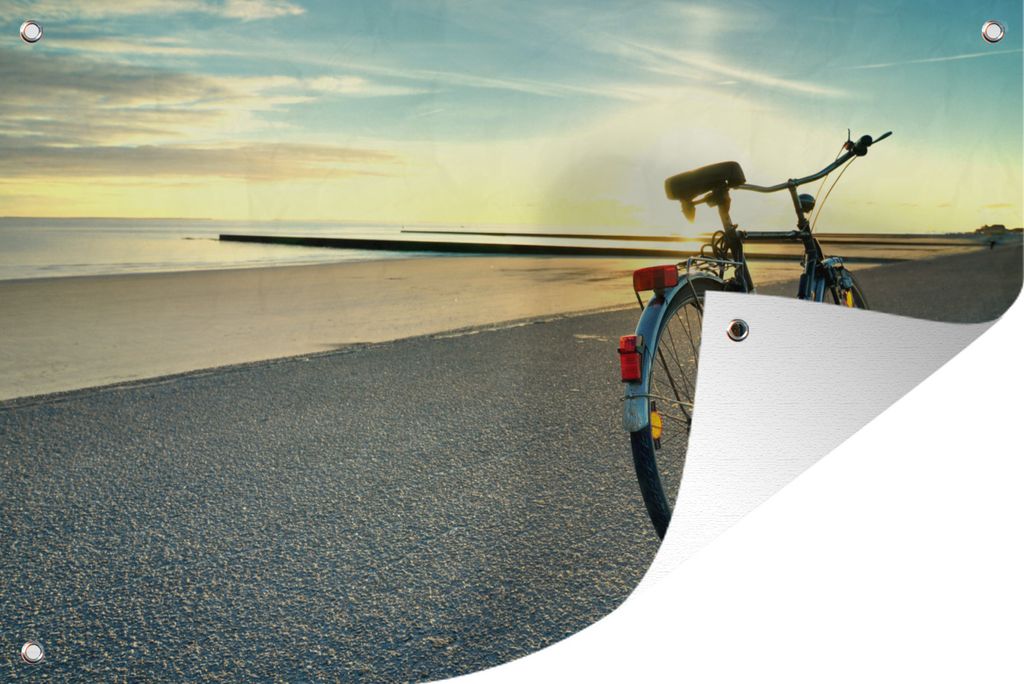 MuchoWow 120x80 cm Outdoor-Poster Gartendeko Sichtschutz Garten Poster für den Garten Nordsee - Fahrrad - Sonnenuntergang