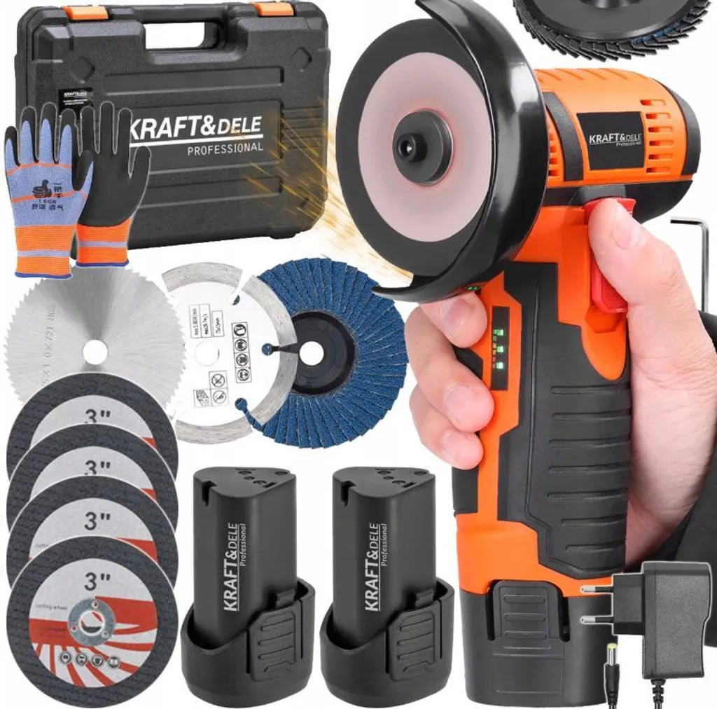 KRAFT&DELE | Smerigliatrice angolare a batteria, 1500mAh, 2x12V batteria, set di accessori