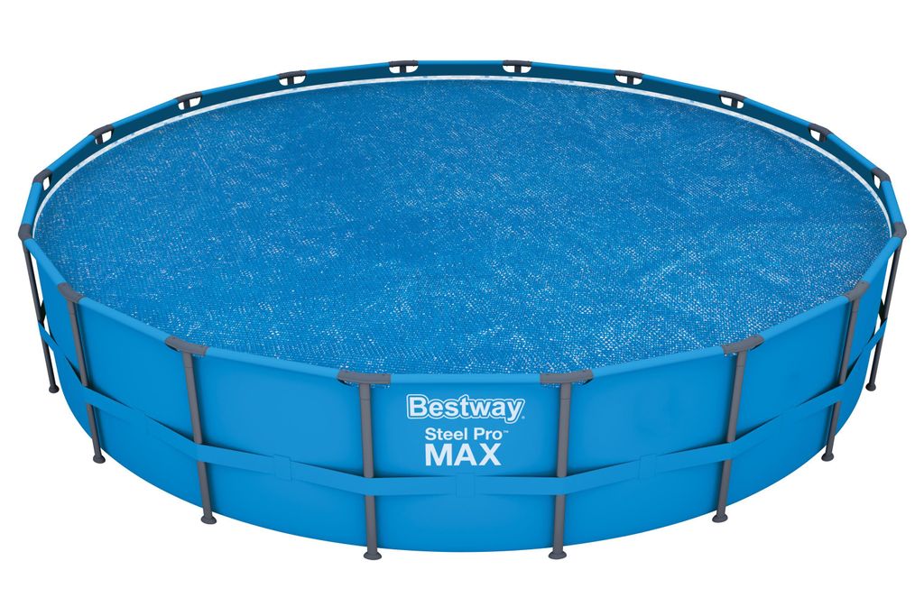 A blue, round, above-ground swimming pool with a solar cover.