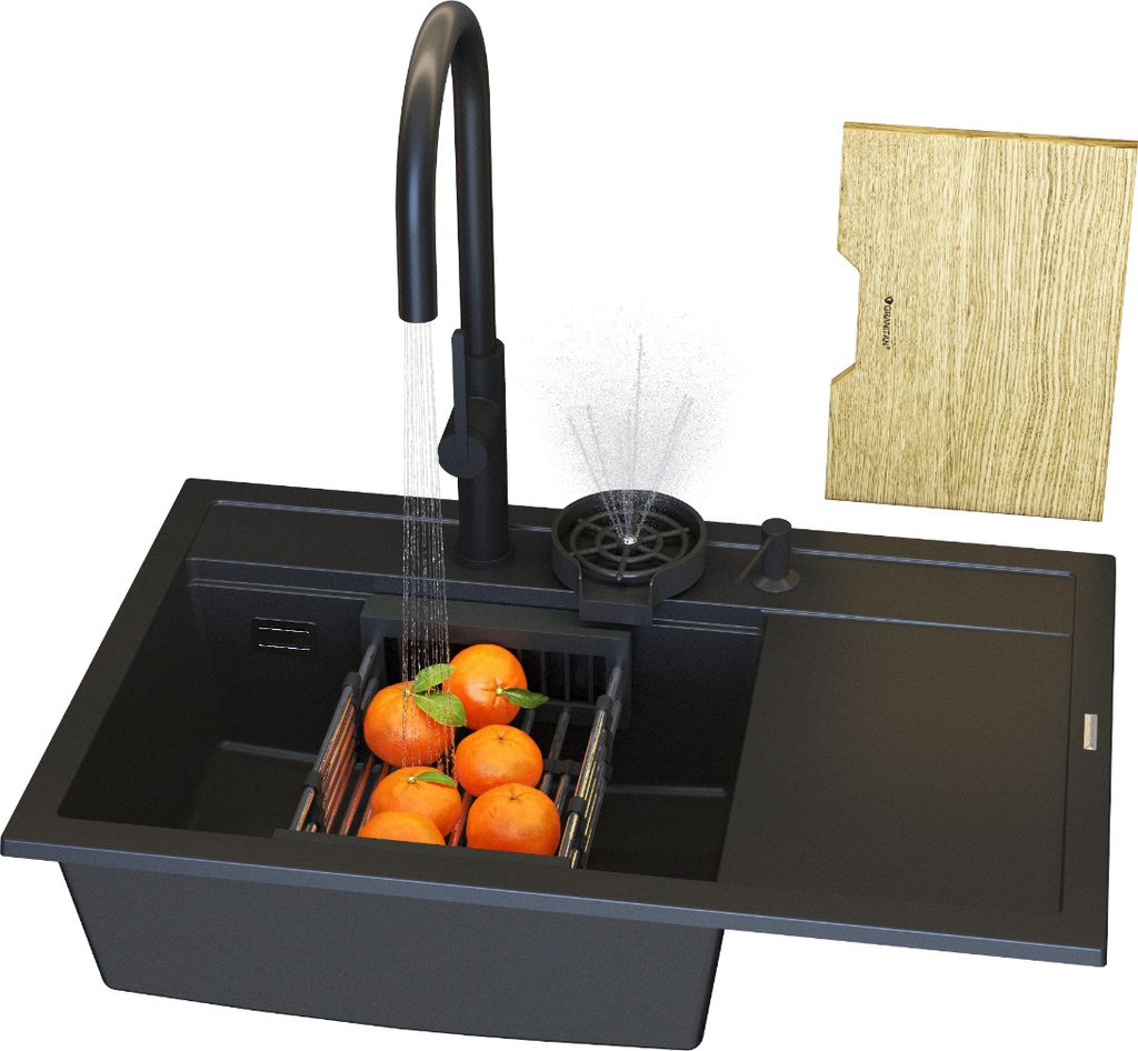 Granitan | Granitspüle RENDO - Schwarz - Komplettset mit Armatur und Zubehör - Modernes Design