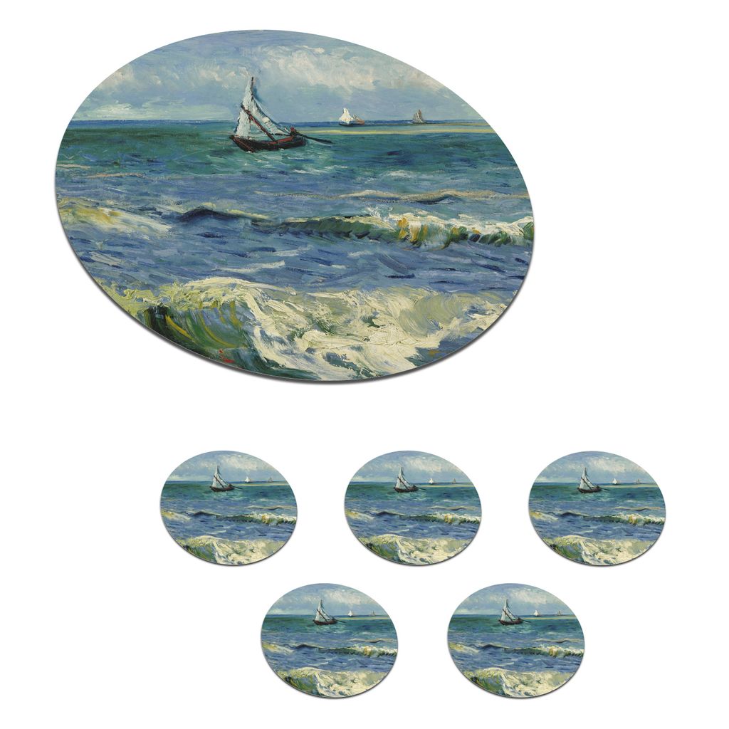 KitchenYeah Glasuntersetzer Rund 6er Set Meereslandschaft bei Les-Saintes-Maries-de-la-Mer - Gemälde von Vincent van Gogh 10x10 cm Untersetzer ...