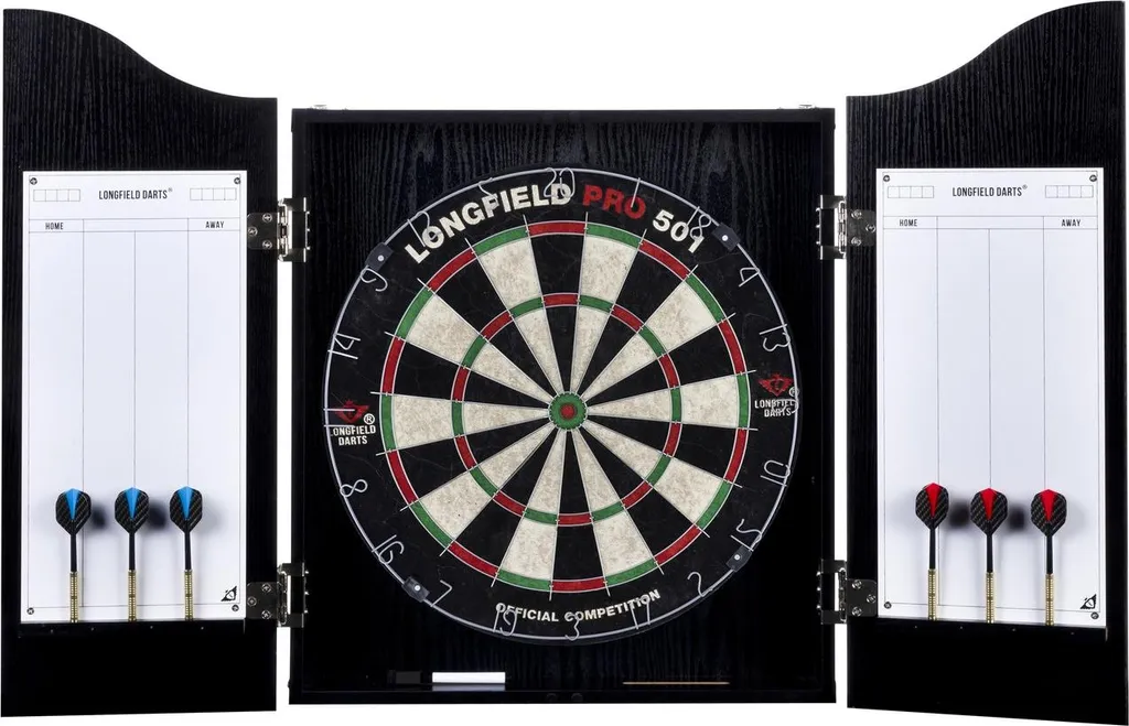 Jeu de fléchettes Longfield avec armoire en bois et 2 sets complets
