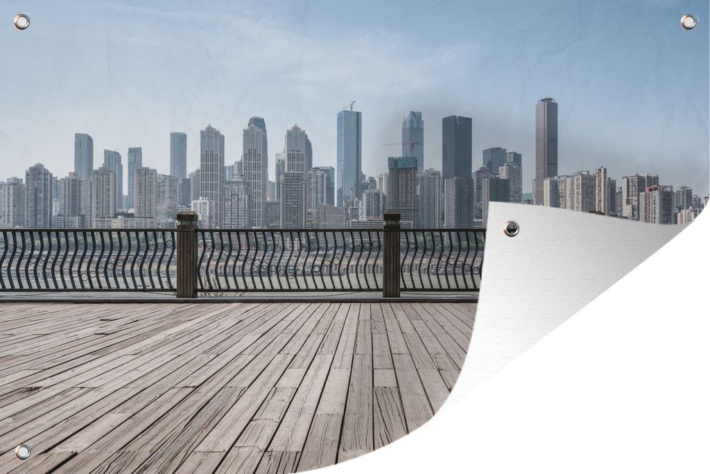 MuchoWow 60x40 cm Outdoor-Poster Gartendeko Sichtschutz Garten Poster für den Garten Holzterrasse mit einer Skyline von Chongqing