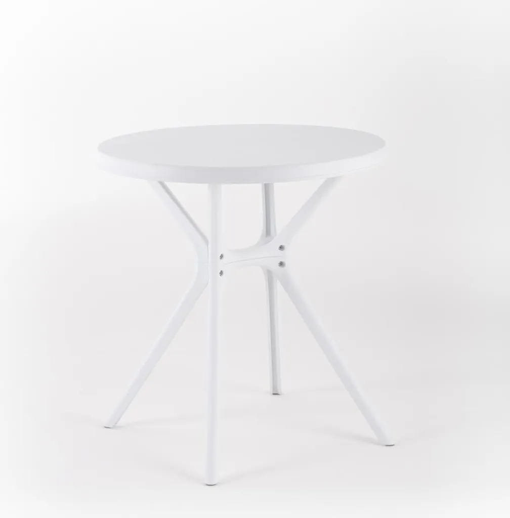 Table de jardin en plastique IVAN blanche ronde anti-UV et rayures