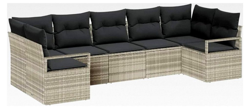 7-teiliges Garten-Sofa-Set mit Kissen in Hellgrau aus Poly Rattan für den Außenbereich