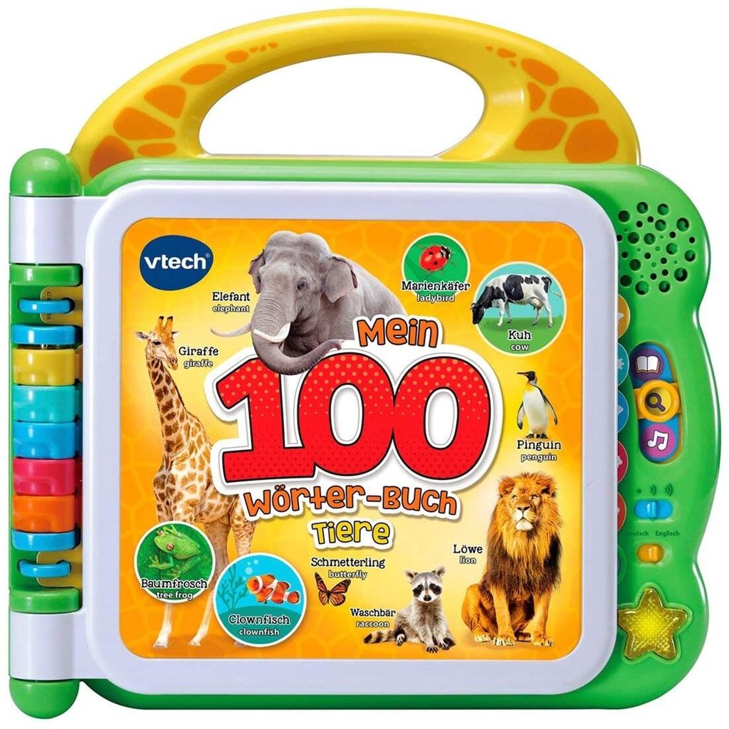 A Vtech electronic learning book for children, featuring various animals and their names in German and English.