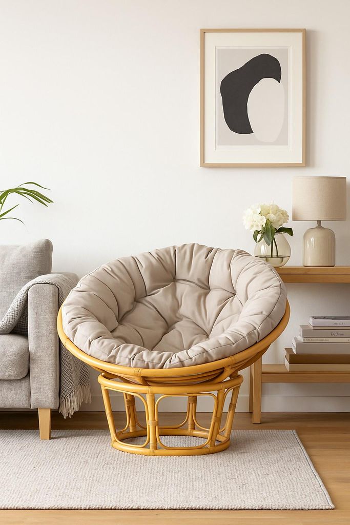 A papasan chair with a cushion is placed on a rug in a living room, next to a sofa and a shelf with a lamp and flowers.