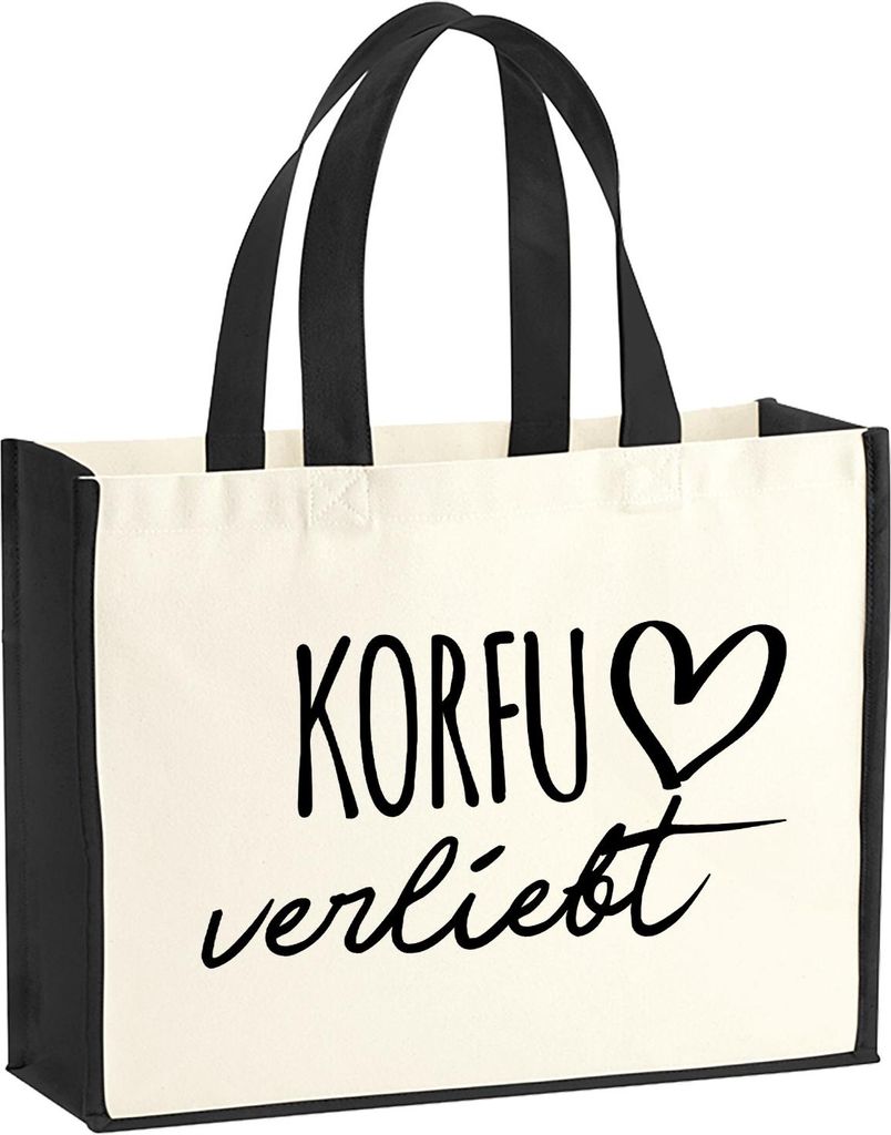 Huuraa Jutetasche Korfu verliebt 21 Liter Black Jute und Baumwolle Einkaufstasche Geschenkidee